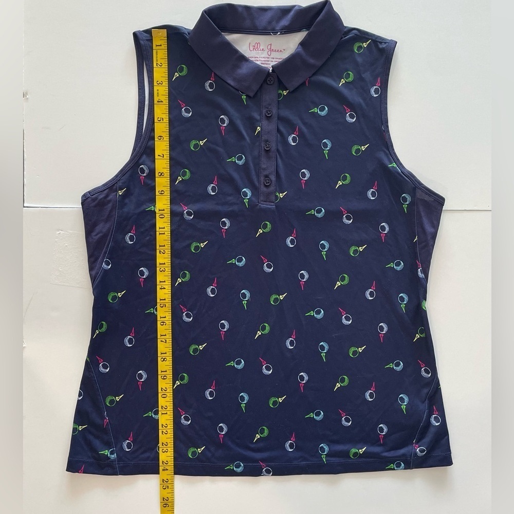 Lillie Green Polo Shirt Size Lg Blue Geometric Sleeveless Golf Vented Underarm - Picture 3 of 7
